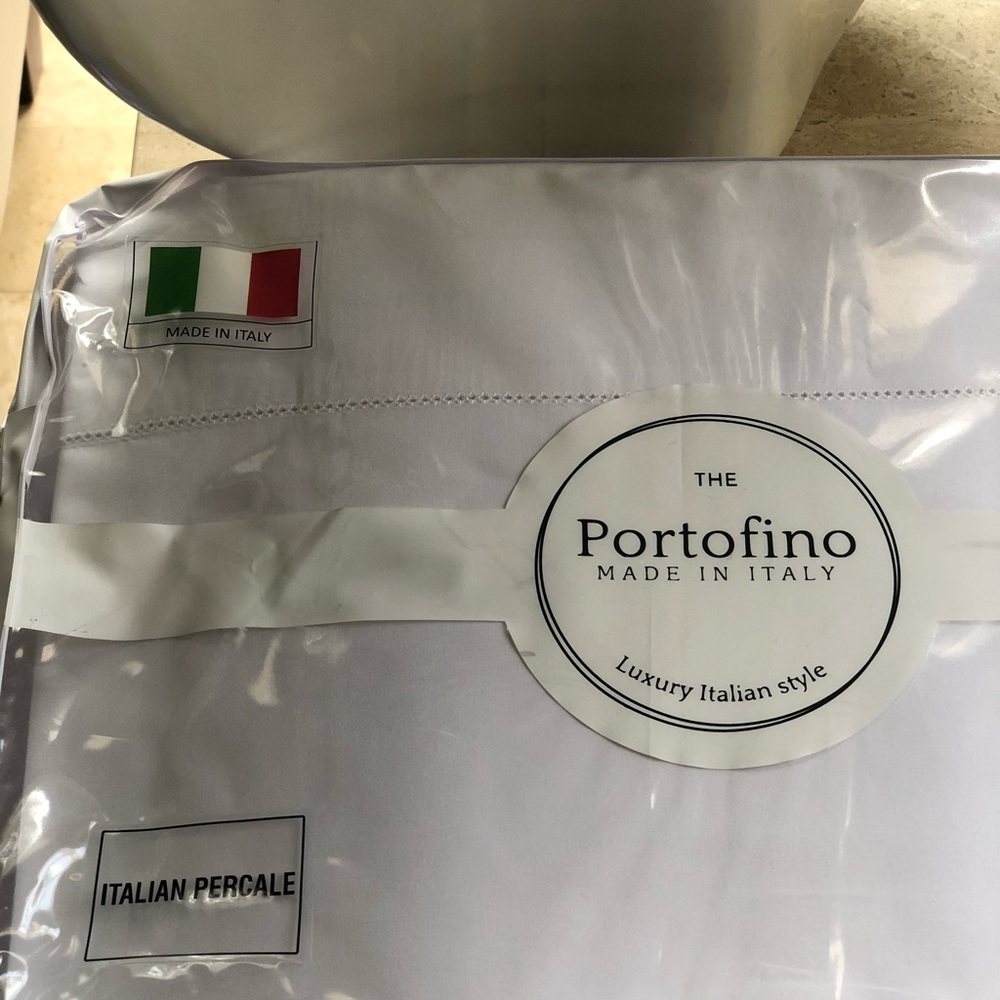 PORTOFINO Italy Embroidered Gray Scalloped QUEEN Size Cotton Sheet Set